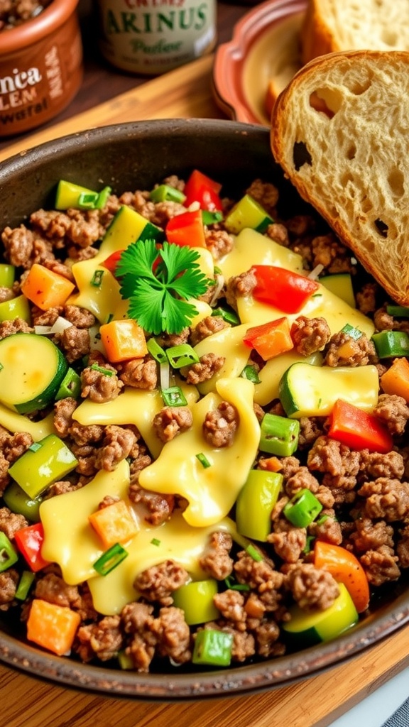 Savory One-Pan Ground Beef Dinner A skillet of ground beef dinner with peppers and zucchini, garnished with parsley and cheese, on a kitchen table.